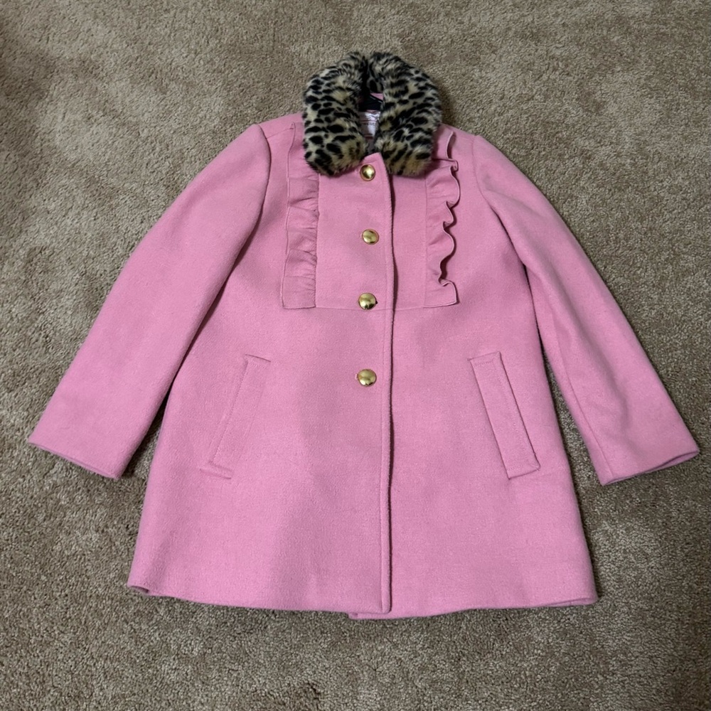 Crewcuts Wool-Blend Pink Coat with Leopard Faux Fur Collar, Size 10 Girls
